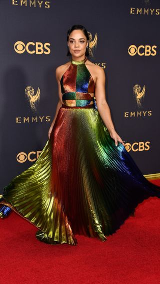 Tessa Thompson in a rainbow coloured dress
