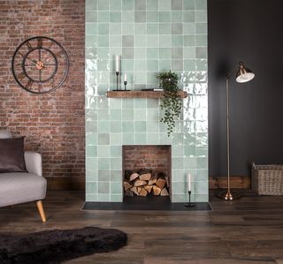 blue tiled fireplace idea
