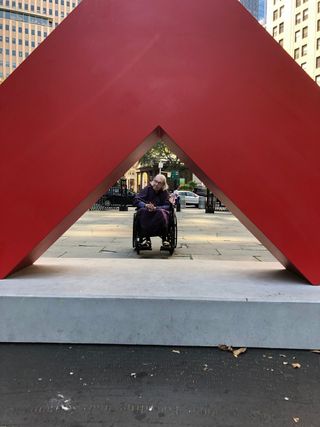 Carmen Herrera visiting 'Estructuras Monumentales', an exhibition by Public Art Fund in City Hall Park, NY on September 25, 2019.