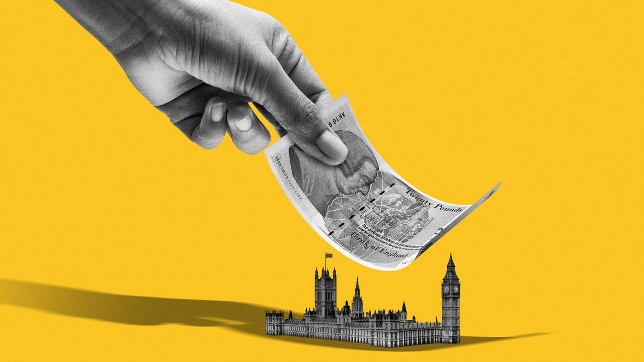 Photo composite of a giant hand with paper money over Westminster