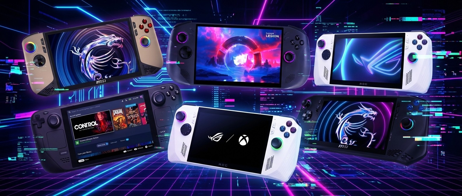 Handheld gaming PCs on retro background