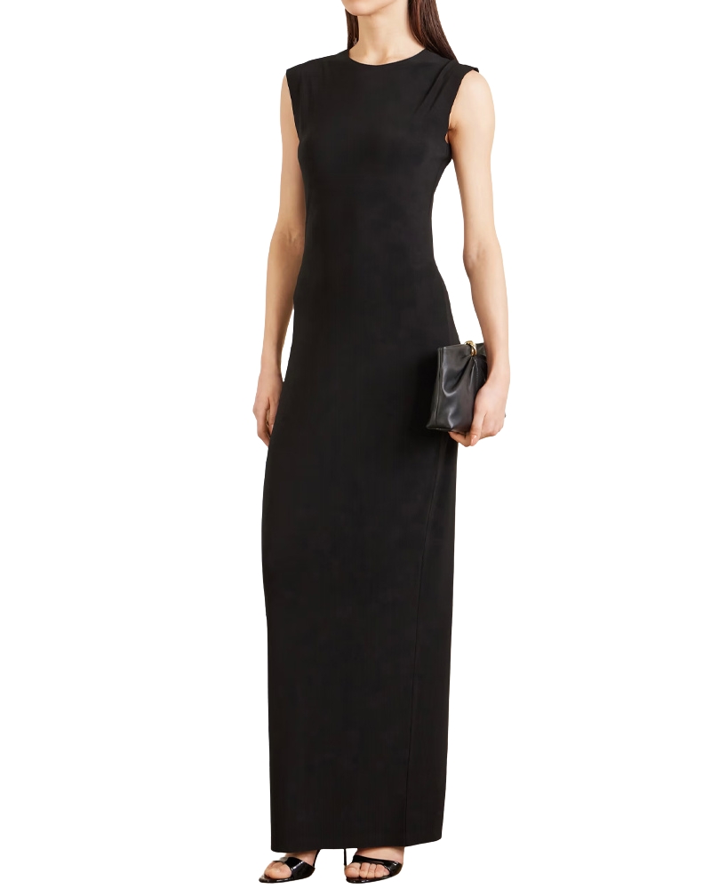 model wearing a long black dress, Norma Kamali