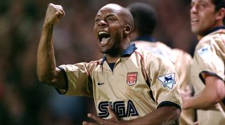 08 May 2002, Manchester - FA Barclaycard Premiership - Manchester United v Arsenal - Sylvain Wiltord of Arsenal celebrates after scoring the winning goal to win the title at Old Trafford. (Photo by Mark Leech/Offside via Getty Images)