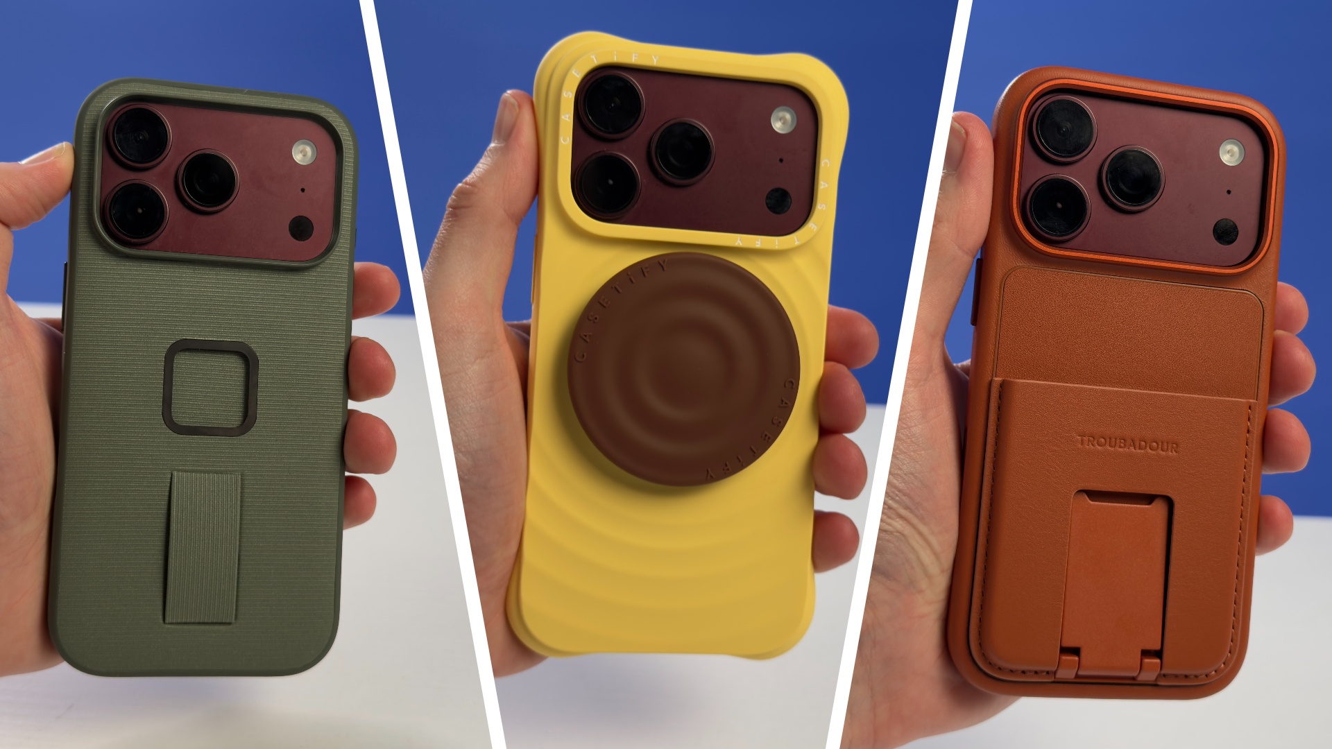 Three iPhone 18 Pro cases being held in the hand