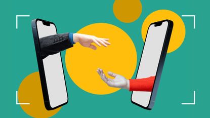 Illustration concept of breadcrumbing in relationships with hands meeting between phones
