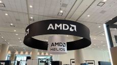 AMD logo and Helios branding pictured on a banner at the 2026 AMD Advancing AI conference, hosted at the Moscone Center in San Francisco.