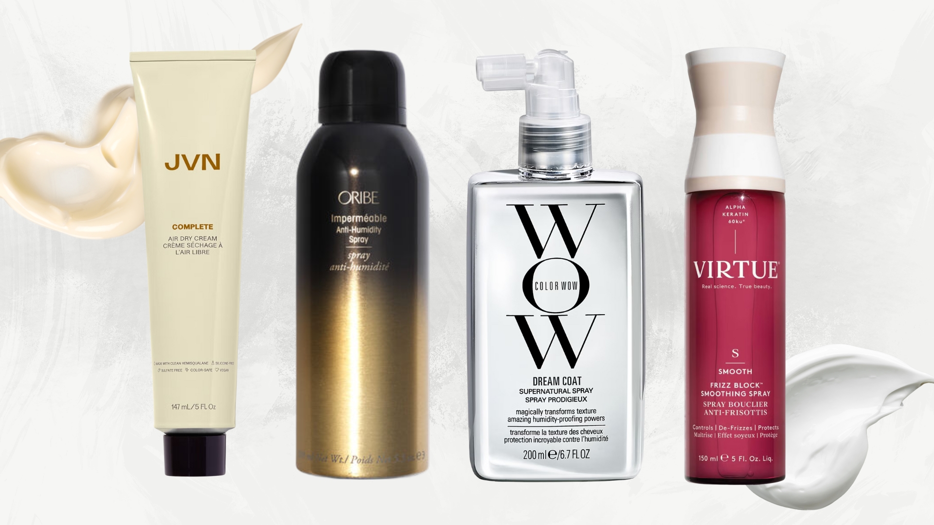 Lineup of the best hair products for humidity (L-R) from JVN, Oribe, Color Wow and Virtue, on a white marble background with cream swatches