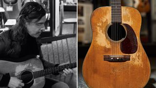 (left) Mikael Åkerfeldt plays Kurt Cobain's 1953 Martin D-18, (right) the D-18 in question pictured in full