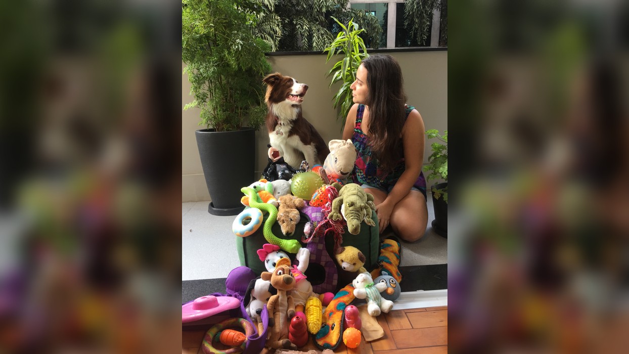 Gaia the dog and owner Isabella sitting together with a big pile of toys. They were part of a natural animal behavior study at Eötvös Loránd University in Budapest.