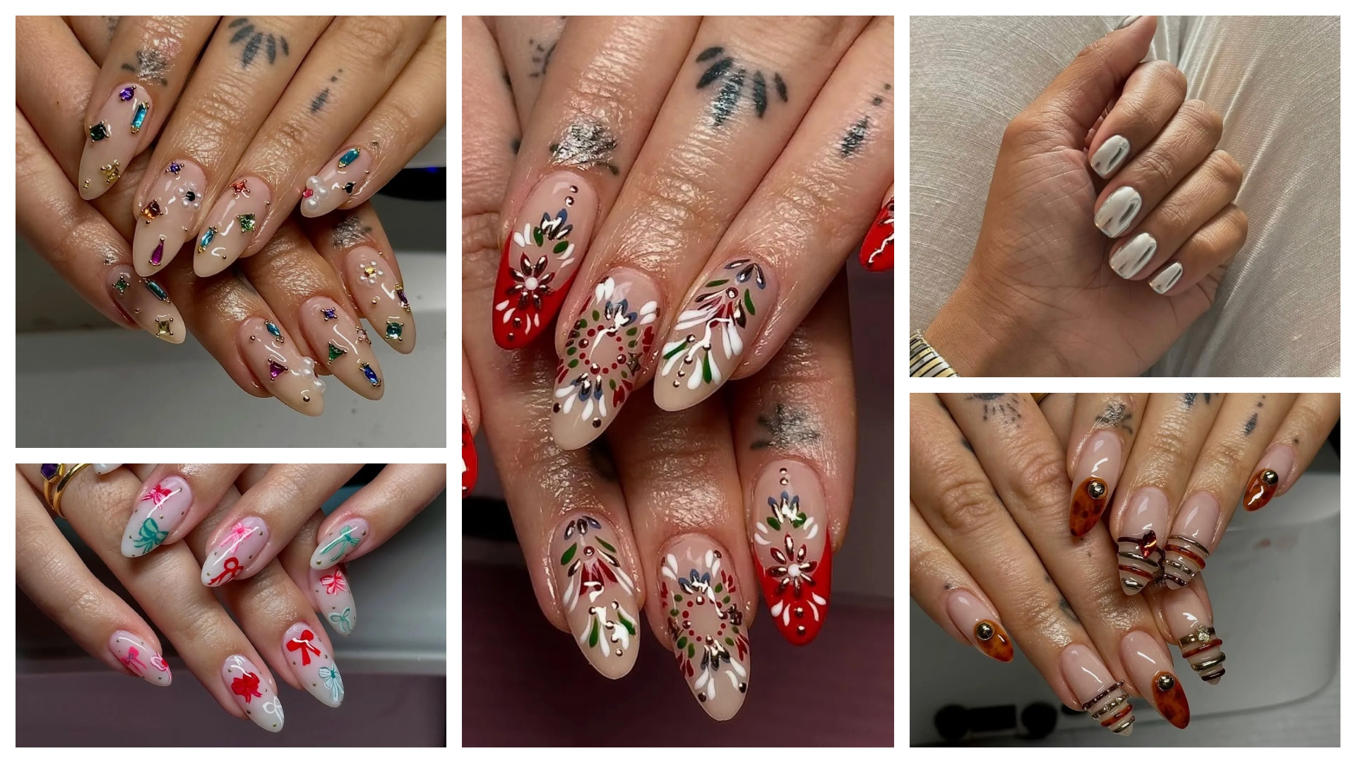 collage of holiday nail inspiration