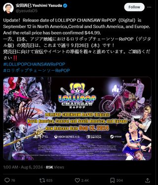 a tweet from @yasudaD5. It reads "Update！Release date of LOLLIPOP CHAINSAW RePOP（Digital）is September 12 in North America,Central and South America, and Europe. And the retail price has been confirmed $44.99."