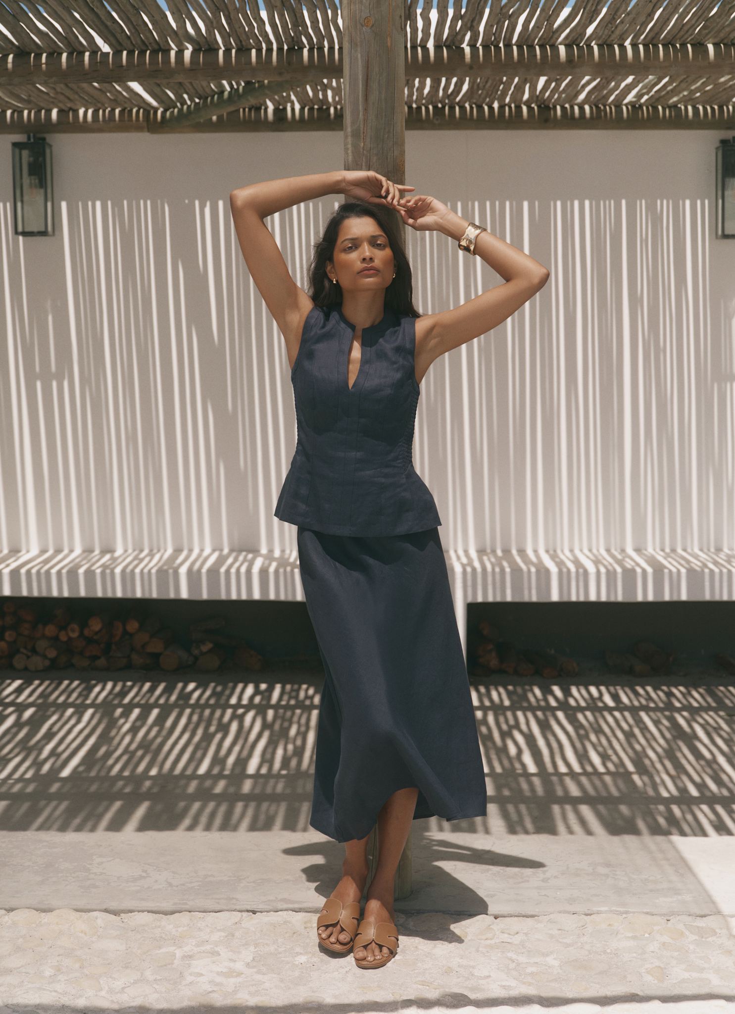 Navy Linen Midi Skirt