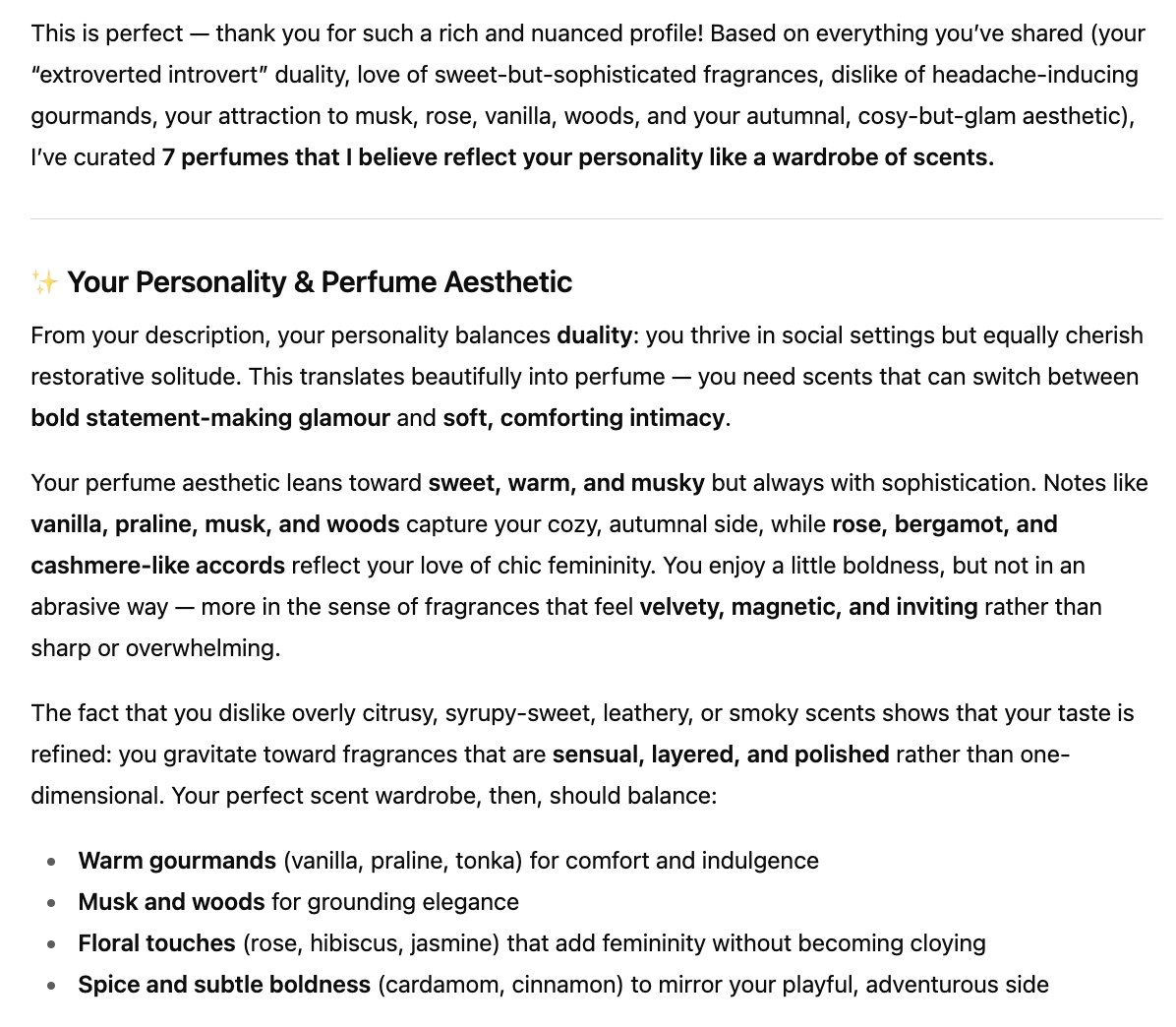 A screenshot showing ChatGPT's analysis on perfumes that would reflect my personality