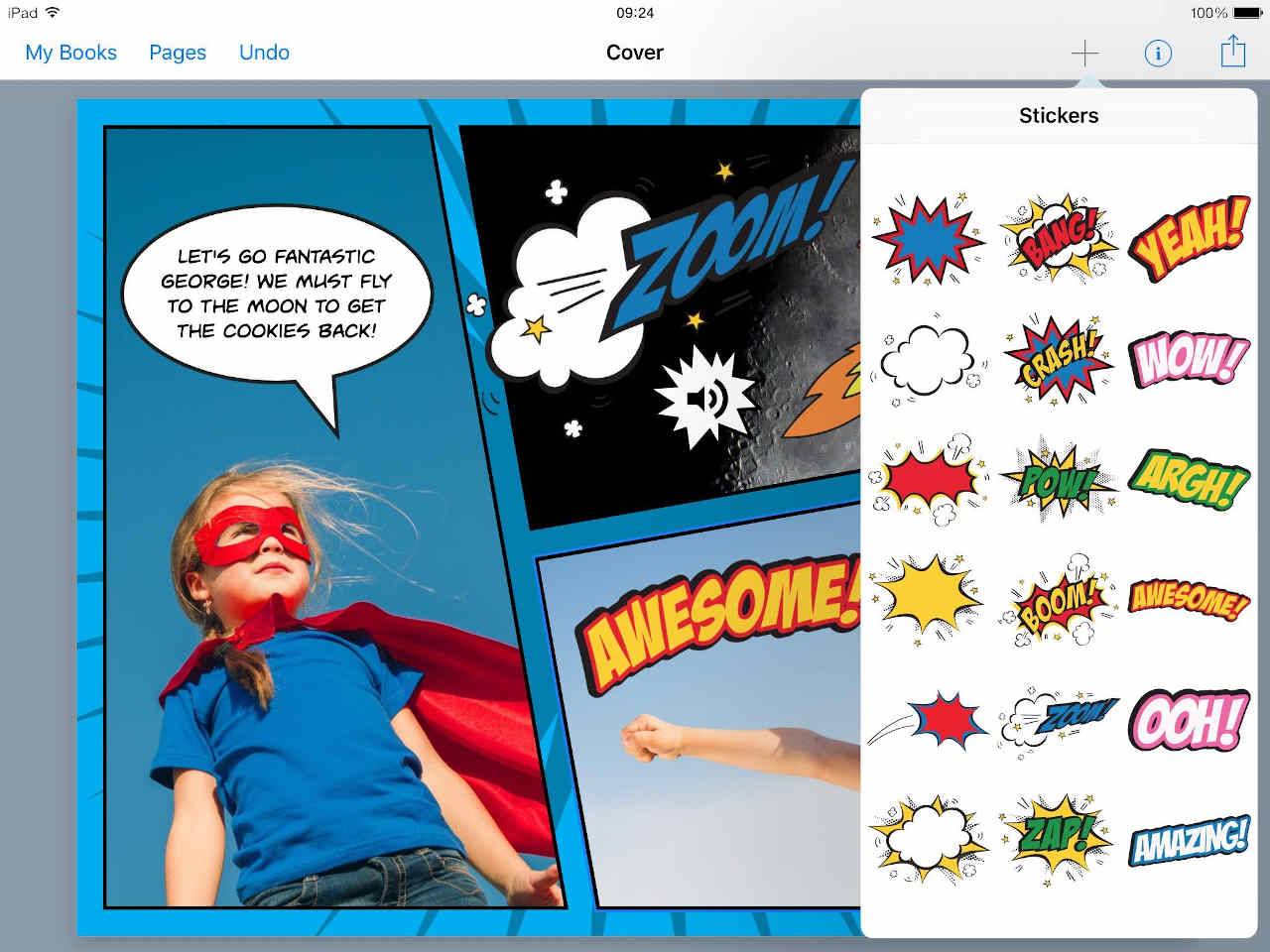 Book Creator screenshot of girl as comic superhero
