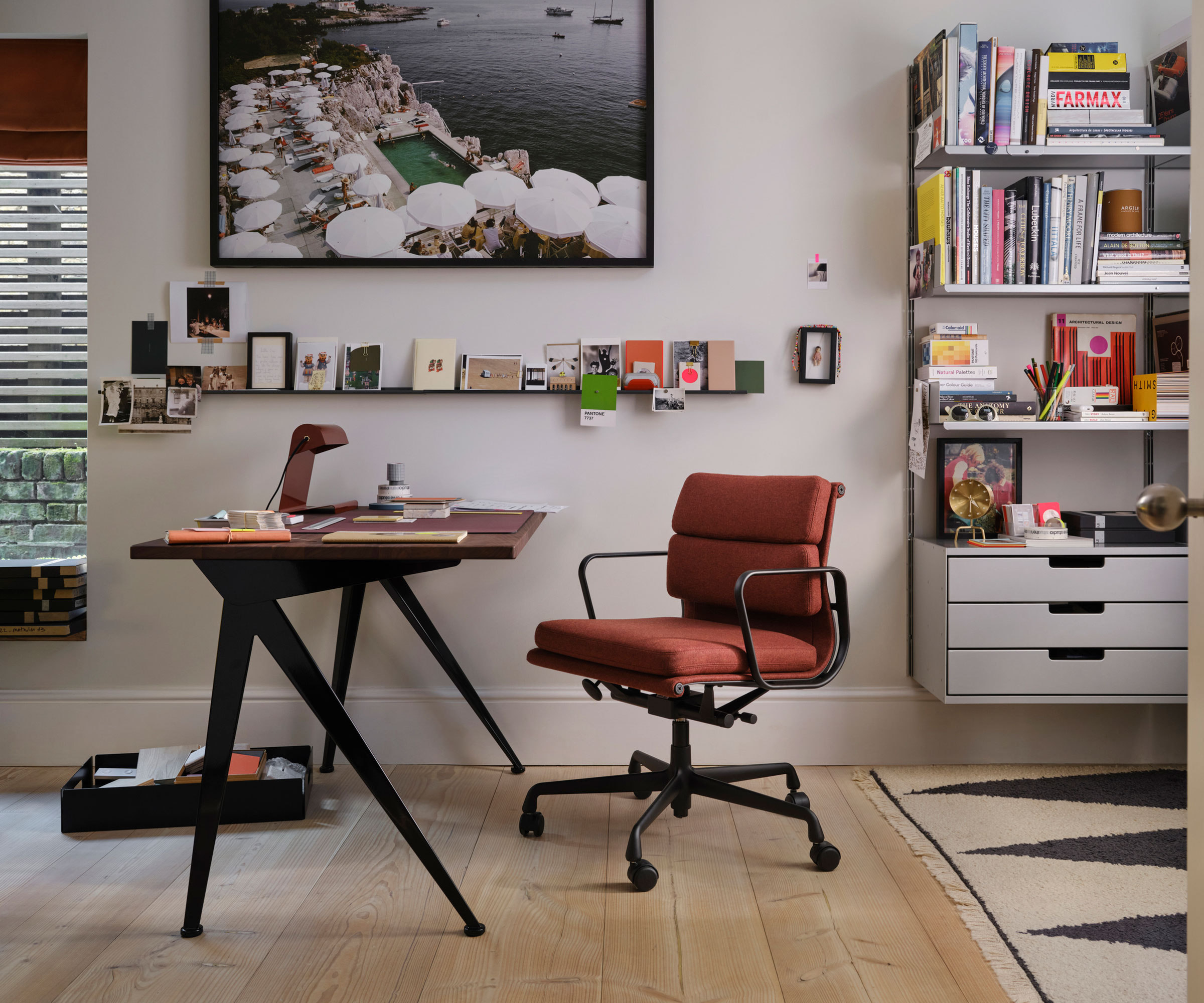 home office with wooden floor