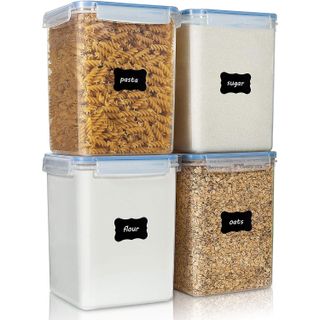 Four plastic containers with labels