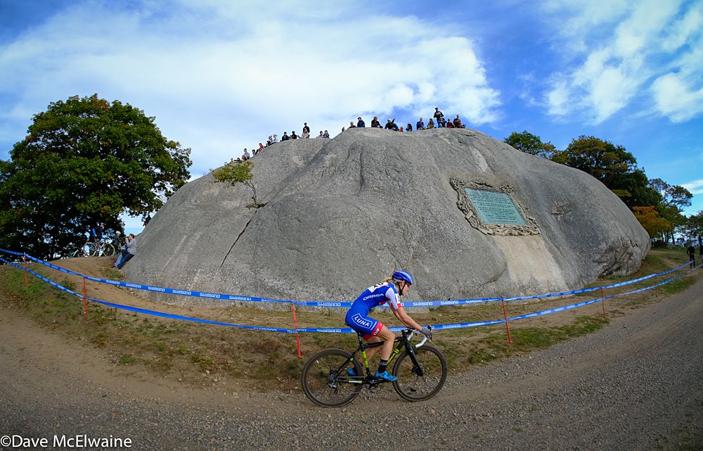 Maghalie Rochette (Cliff Bar Pro Team) riding past the big rock halfway through the race