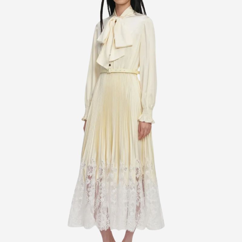 Self-Portrait bow-detail pleated midi dress on model