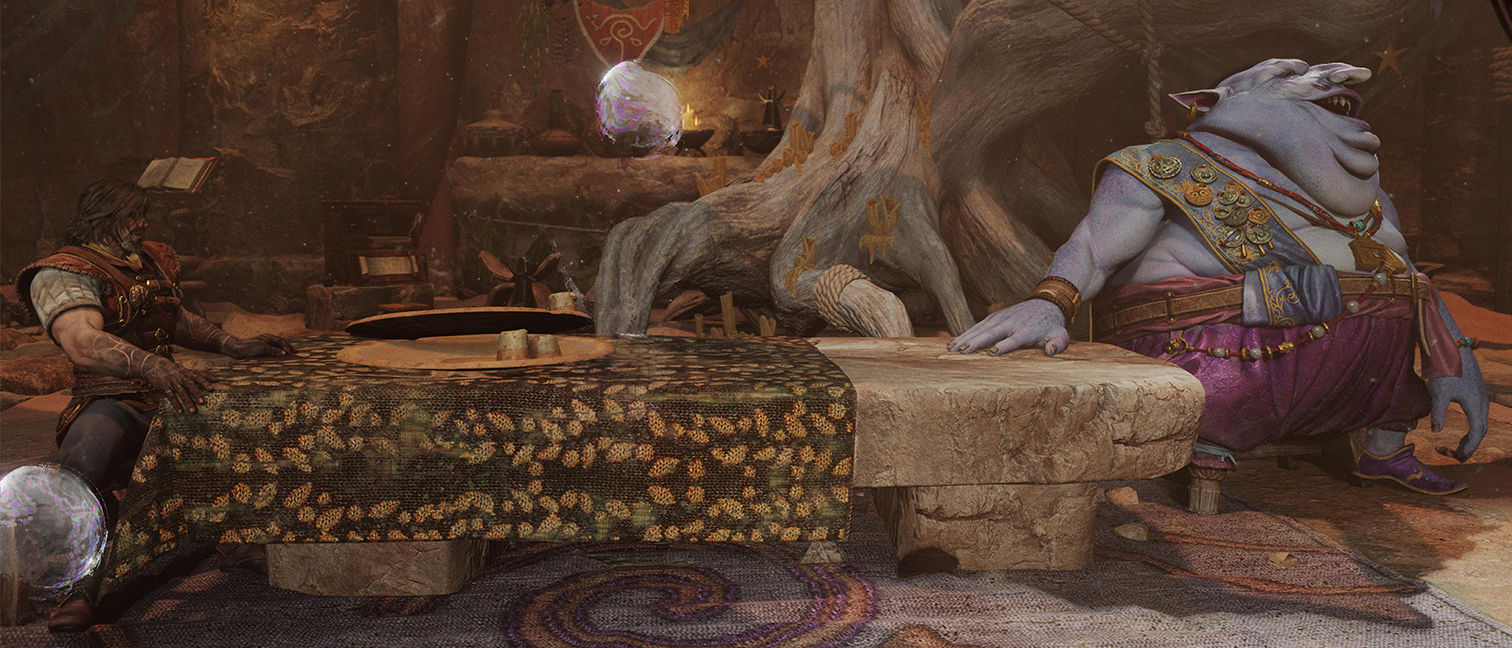 Blades of Fire review; two fantasy characters sit at a dinner table