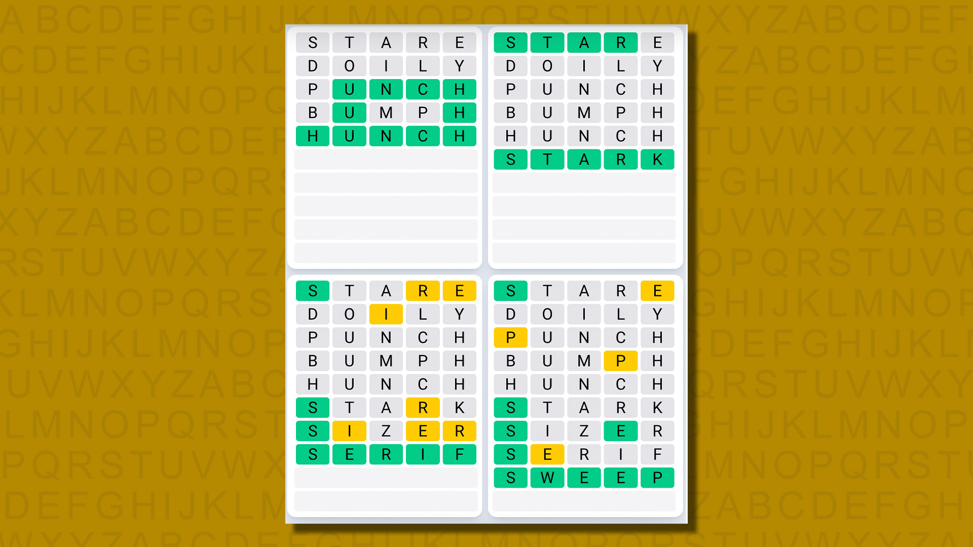 Ежедневная последовательность ответов Quordle для игры 611 на желтом фоне