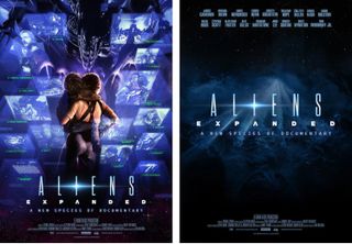 Two posters; one shows two characters hugging under a spider-like alien, the other features the text 'alien expanded' on a dark, shadowy background