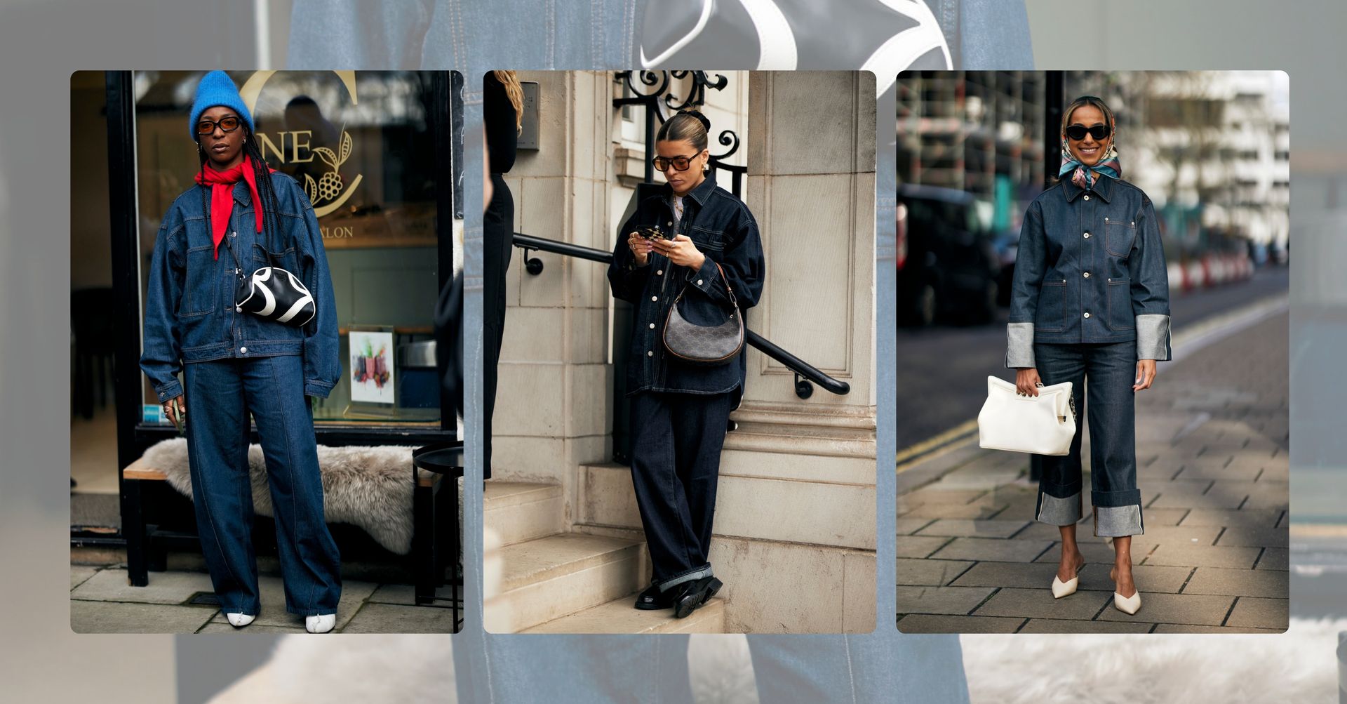 London Fashion Week Street Style Trends 2024 attendees wearing double denim