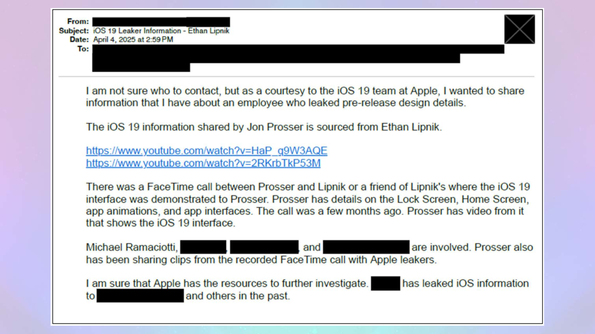 A screenshot of the anonymous email sent to Apple regarding Lipnik