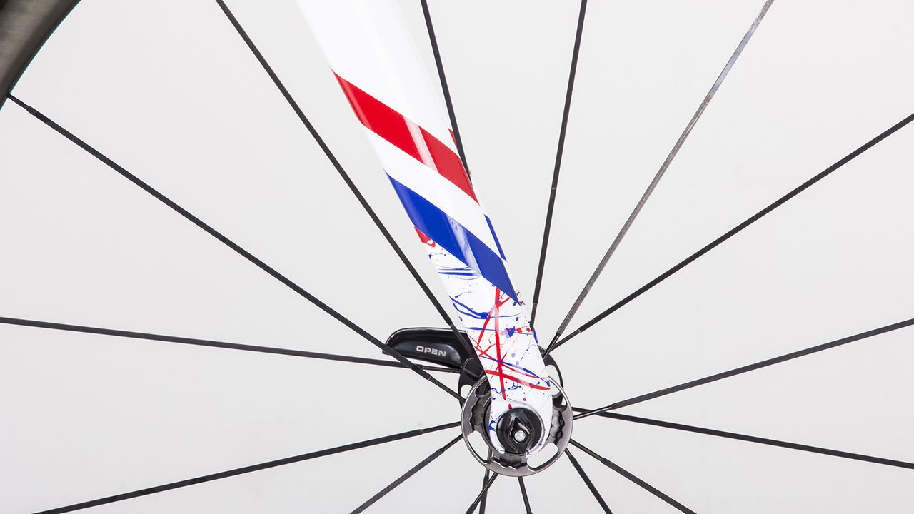 The fork dropouts features the splash design and edged with the three-colours of the British national champion