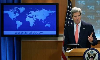 Secretary of State John Kerry delivers a statement about the use of chemical weapons in Syria on Monday.