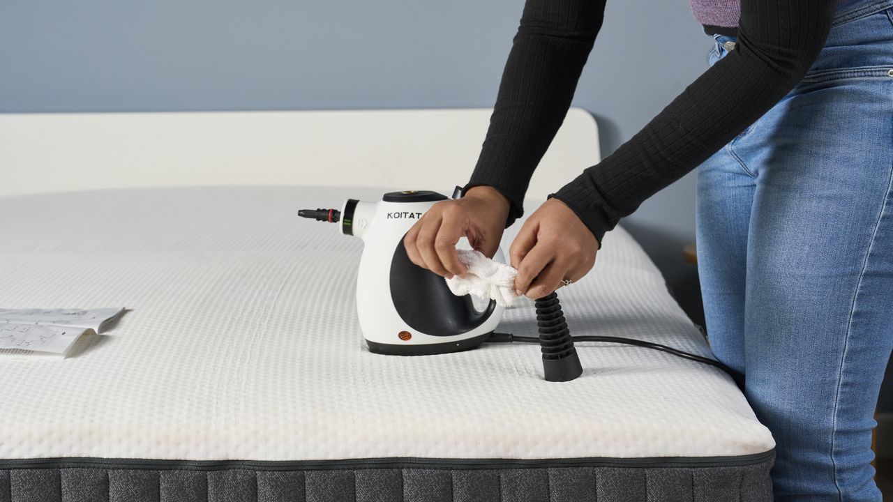A series of images showing the steps of setting up, filling and using the Koitat mattress steam cleaner