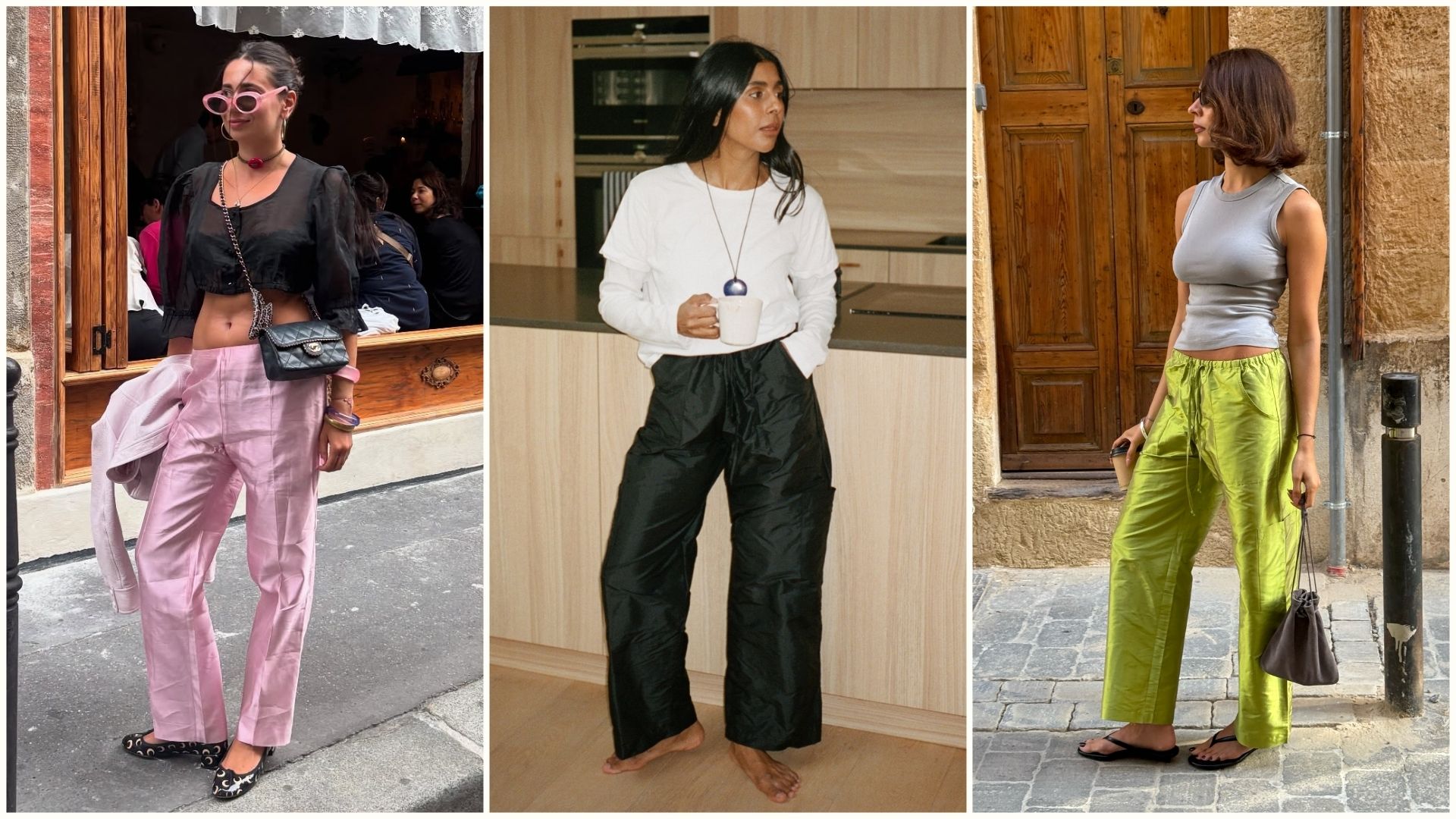 An image of the silk taffeta trousers, one of the biggest summer trouser trends of 2026. 