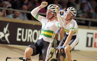 Leigh Howard and Cameron Meyer (Australia) celebrate their victory in the men's Madison.