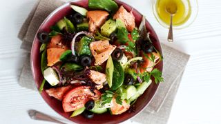 A high-protein salad featuring salmon