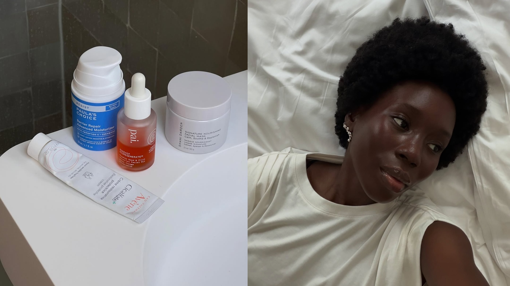 Emma Horeau's sink featuring products by Pai Skincare, Paula's Choice, Av&egrave;ne, and Shani Daren and Danielle Jinadu with an even, glowy complexion