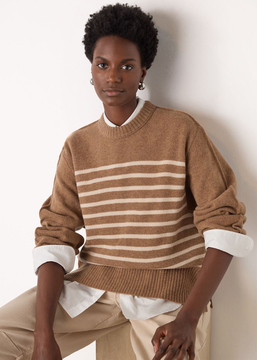 Camel Wool Stripe Crew Neck Knit