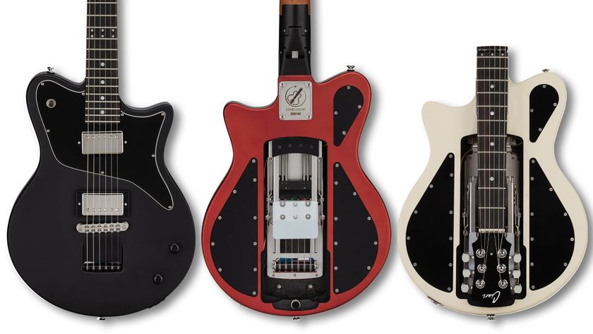 A photo showing the Ciari Ascender full-size folding travel guitar in various finishes and views. (from left) Black, showing the front; red, showing the back; and white, showing the guitar folded for transport