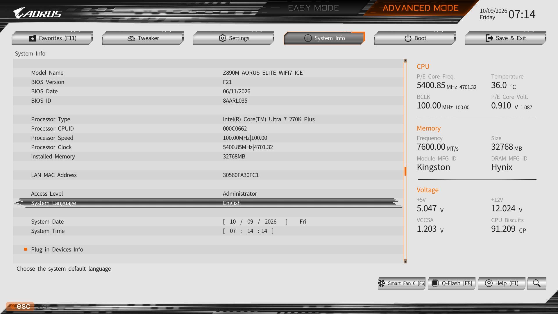 Gigabyte Z890M Aorus Elite Wifi7 Ice - BIOS