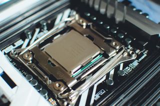 A CPU in a motherboard