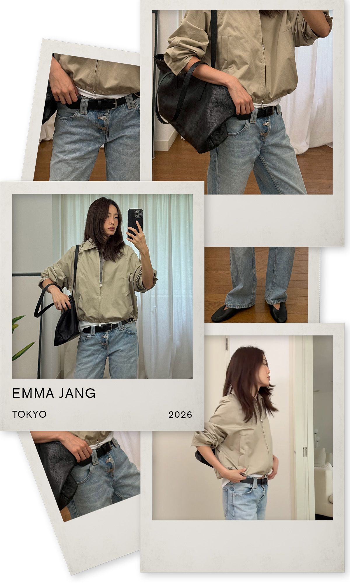 jeans outfits in stylish cities: Emma Jang wears a technical jacket, boyfriend heans and black flats in Tokyo