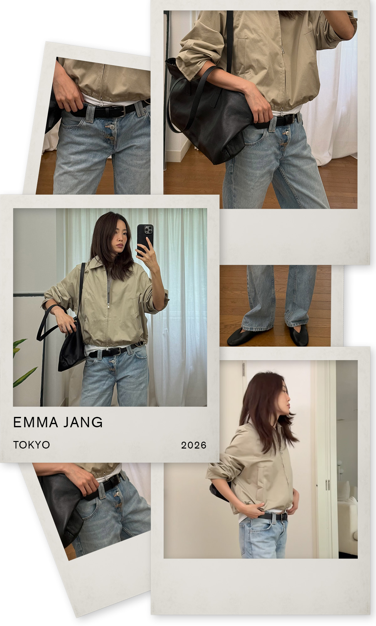 jeans outfits in stylish cities: Emma Jang wears a technical jacket, boyfriend heans and black flats in Tokyo