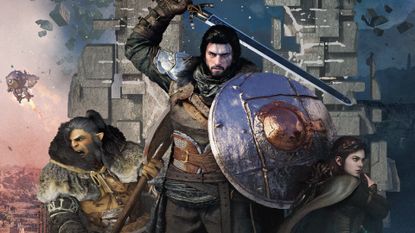 Key art showing cliff with sword and shield in hand with supporting characters behind him and a lush world filled with ancient ruins behind him