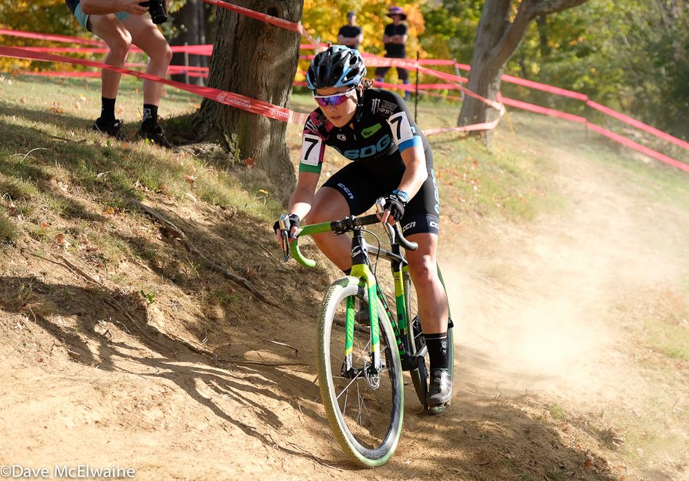 Amanda Neuman (SDG-Muscular Monster) riding an off-camber section of the course