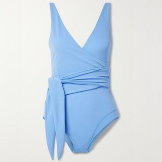 light blue wrap front swimsuit