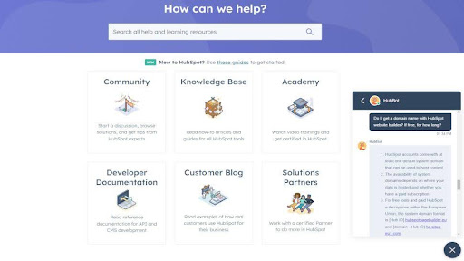 screenshot of HubSpot's support page
