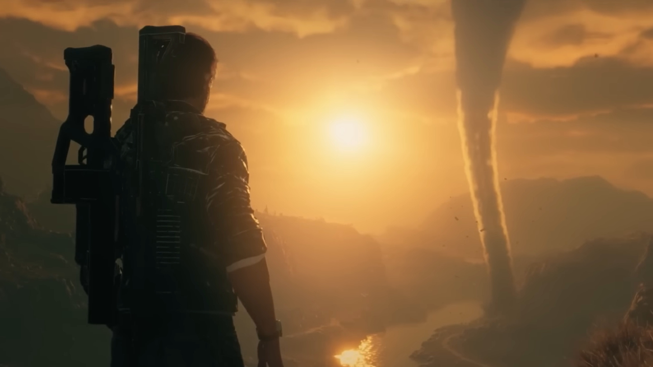 Rico looking at funnel cloud in Just Cause 4