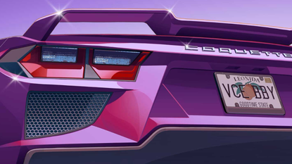 The Leonida license plate "VCE BBY" appears on the back of a pink Corvette