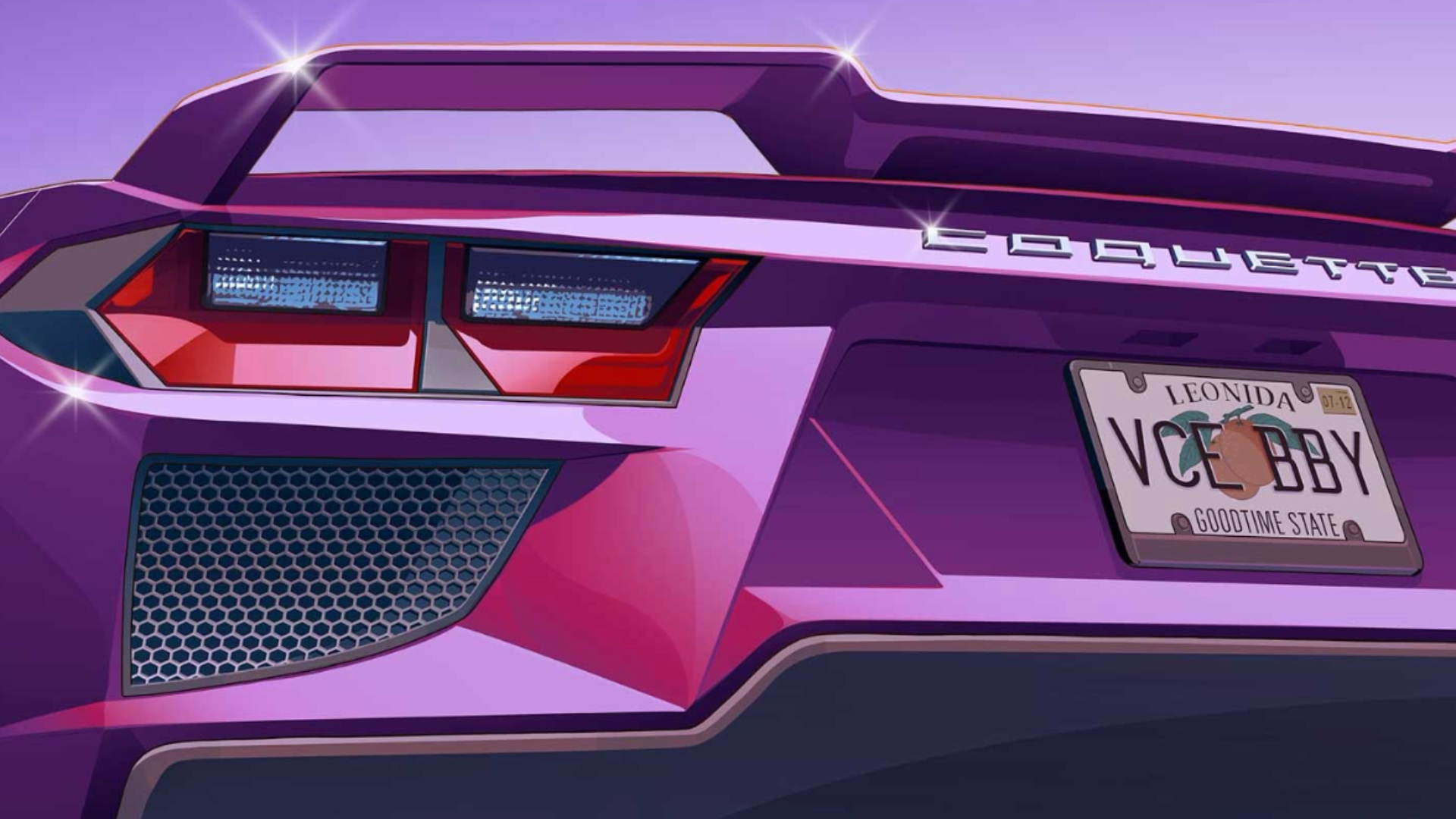 The Leonida license plate "VCE BBY" appears on the back of a pink Corvette