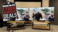 The 65-inch LG C4 and Sony A80L TVs side-by-side, with a large Cyber Monday badge in the corner