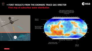 The first map of shallow subsurface water distribution from the FREND neutron spectrometer on the ExoMars Trace Gas Orbiter, gathered by detecting the distribution of hydrogen in the top meter of Mars' surface.