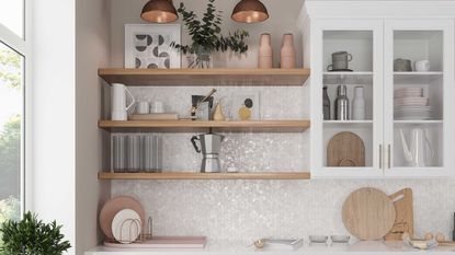 kitchen with mother of pearl hexagon tiles and open shelving
